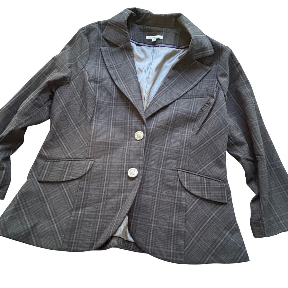 Charlotte Russe Blazer Women XL Gray Plaid Crest Button Dark Academia Preppy